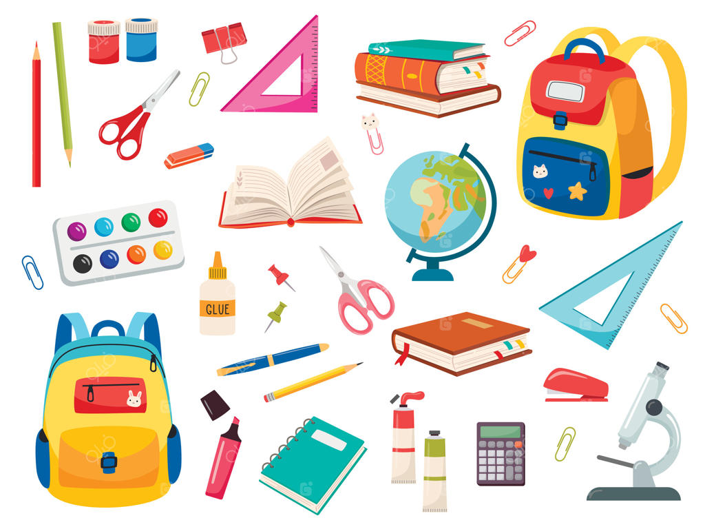 مجموعه لوازم‌التحریر: کره جغرافیایی، رنگ‌ها، کوله‌پشتی، مدادها، قلم‌موها، خط‌کش، قیچی، ماشین‌حساب، کتاب‌ها، چسب. مفهوم بازگشت به مدرسه.