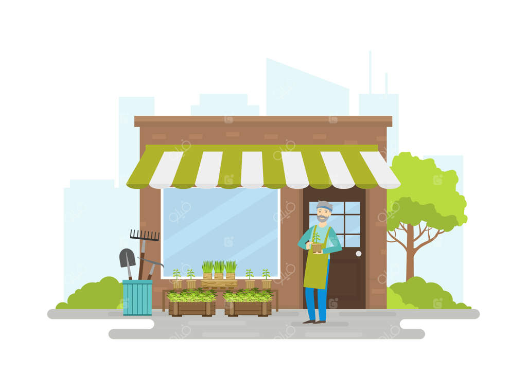 تصویر مرد سالمند باغبانی که نشاها را در مغازه می‌فروشد، مرد با پیشبند و جعبه گیاهان - سبک زندگی فعال سالمندان