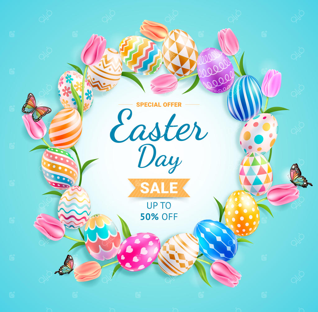 تخم‌مرغ‌های رنگی عید پاک با گل‌های لاله و پروانه