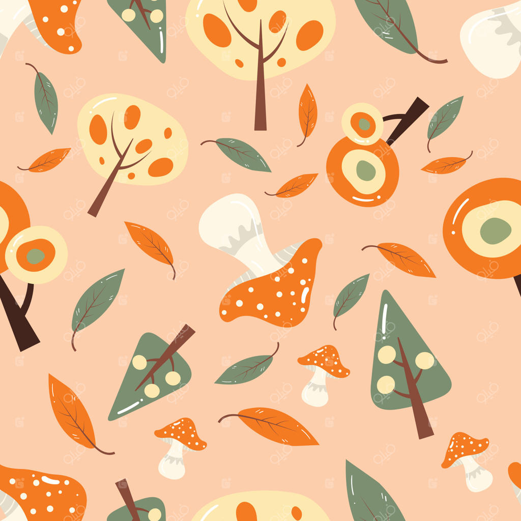 پترن زنده طبیعت با درختان و قارچ‌ها – وکتور حرفه‌ای