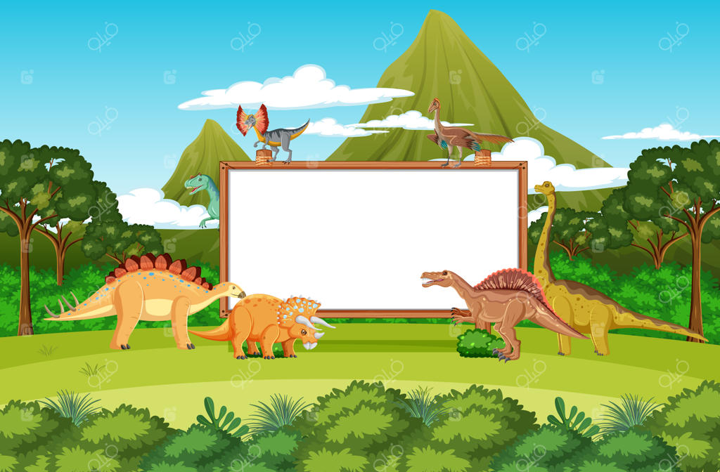 صحنه‌ای با دایناسورها و تخته سفید در جنگل