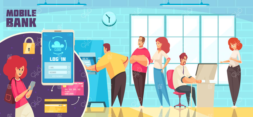 اپلیکیشن بانکداری همراه با صف در ساختمان بانک