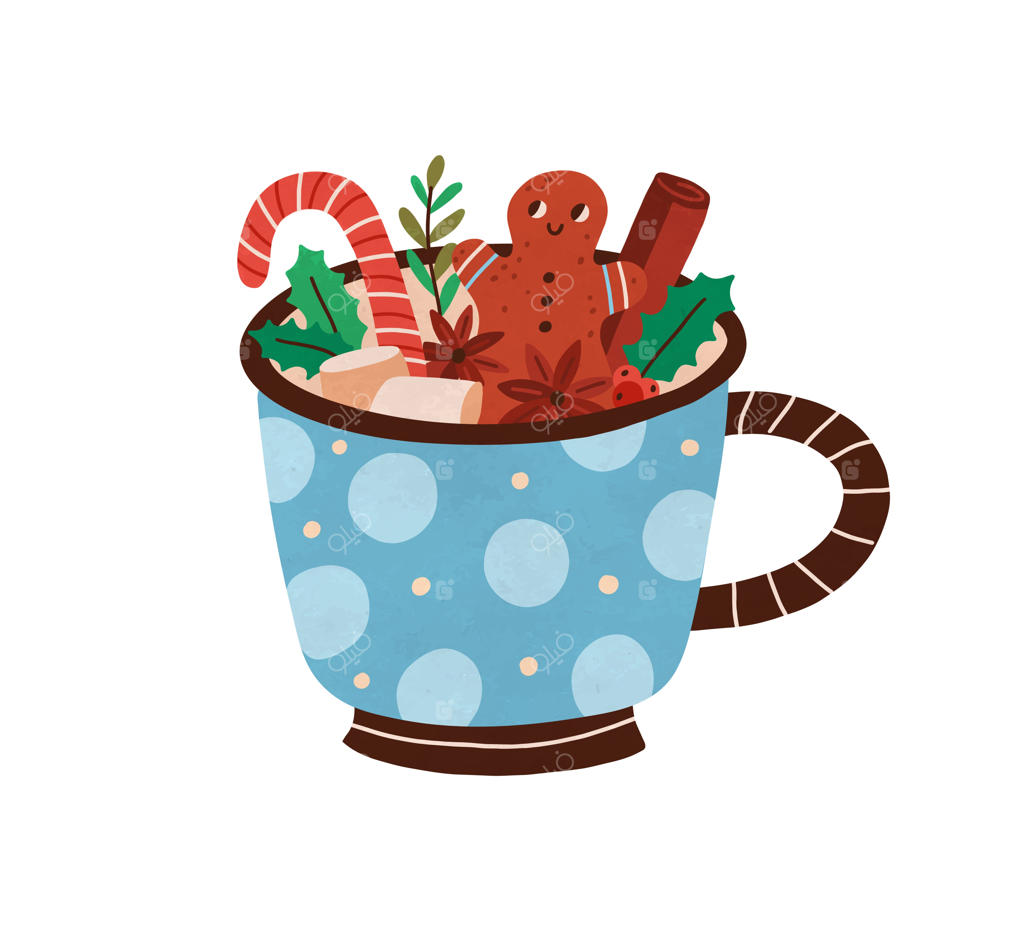 فنجان کریسمس با شکلات داغ. نوشیدنی مخصوص زمستان با طعم‌های فصلی. کاکائوی شیرین کریسمس با بیسکویت زنجبیلی، مارشمالو، چوب دارچین و انیسون. تصویرسازی وکتور شیک و منحصر به فرد.