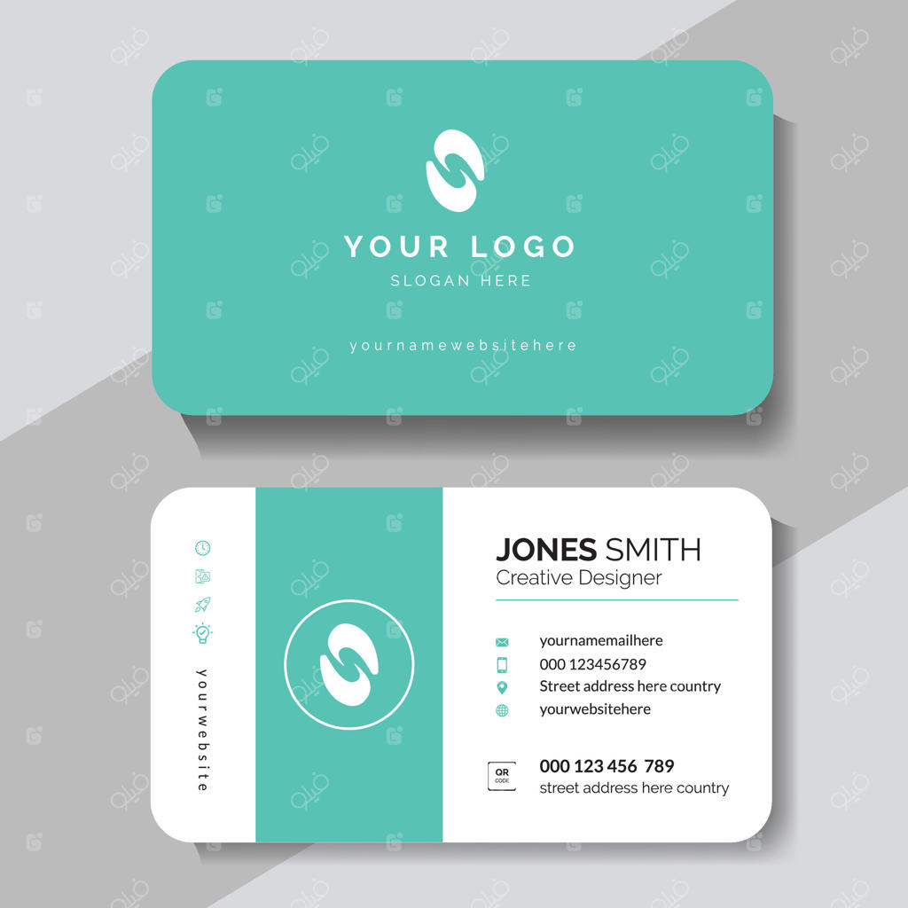 قالب کارت ویزیت با جزئیات آبی فیروزه‌ای و طراحی لوگو