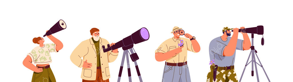 مجموعه وکتور تخت با موضوع اکتشافات؛ افراد در حال تماشا با دوربین شکاری، رصد طبیعت‌شناسان با تلسکوپ و کاوش دانشمندان با ذره‌بین (ایزوله روی زمینه سفید)