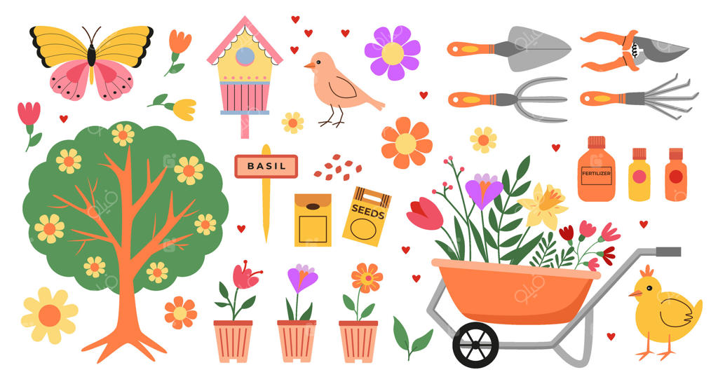کارهای باغبانی در بهار: زمان شکوفه‌ها. کشاورزی اوایل بهار. ابزار باغبانی، فرغون، بذرها، گیاهان، کود، گل‌ها. نقاشی دستی. طراحی‌های وکتور روی زمینه سفید.