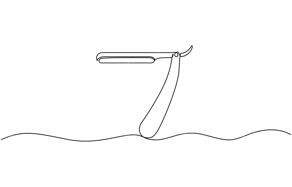 نقاشی خطی پیوسته از تیغ اصلاح سنتی، تیغ آرایشگری قدیمی روی زمینه سفید. طرحی برای مفهوم آرایشگاه