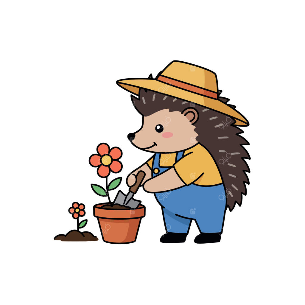 جوجه‌تیغی باغبان بامزه با کلاه حصیری در حال کاشتن گل در گلدان، نقاشی ساده