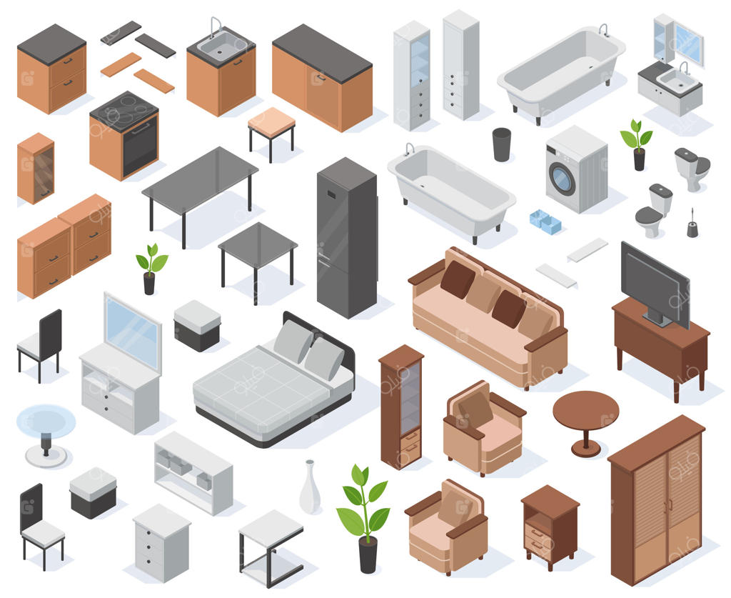 مبلمان و اثاثیه سه‌بعدی ایزومتریک و عناصر دکوراسیون داخلی. مجموعه تصویرسازی مدرن اتاق نشیمن، آشپزخانه و حمام؛ آیکون‌های داخلی آپارتمان