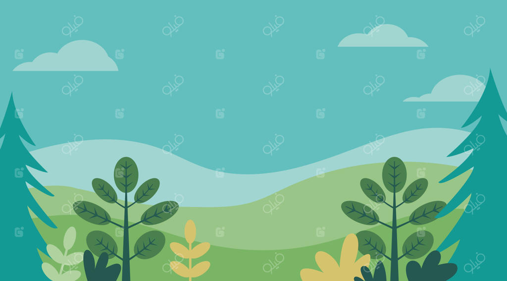 تصویرسازی منظره‌ای آرام با تپه‌های سرسبز، درختان و ابرهای پف‌دار در آسمان آبی صاف