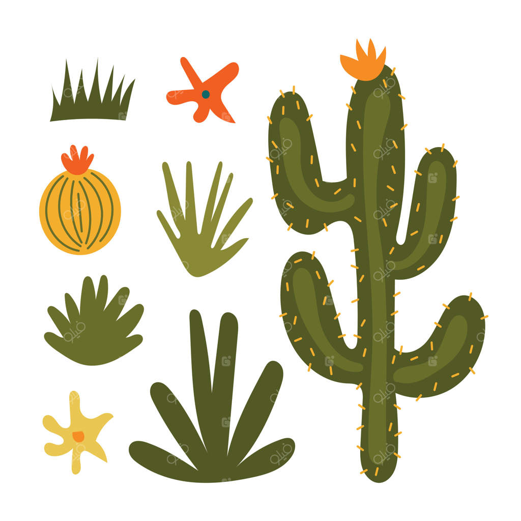 مجموعه کاکتوس‌ها شامل گیاهان گوشتی خاردار و گیاهان بیابانی در رنگ‌های سبز و زرد، مناسب برای مناظر ماقبل تاریخ، هنر باغ‌های وحشی و طراحی‌های کودکانه