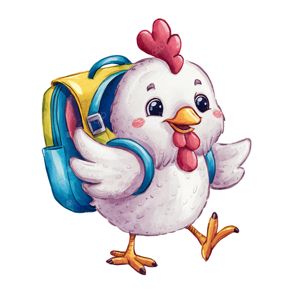 نقاشی آبرنگی و دستی جوجه کارتونی بامزه با کوله‌پشتی، آماده ماجراجویی