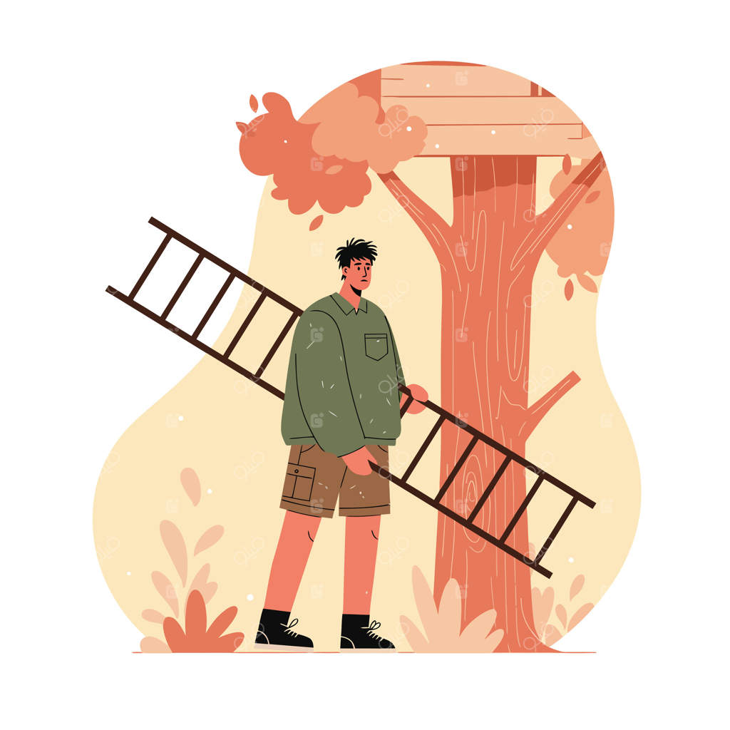 جوانی با نردبان در باغ پاییزی با برگ‌های نارنجی