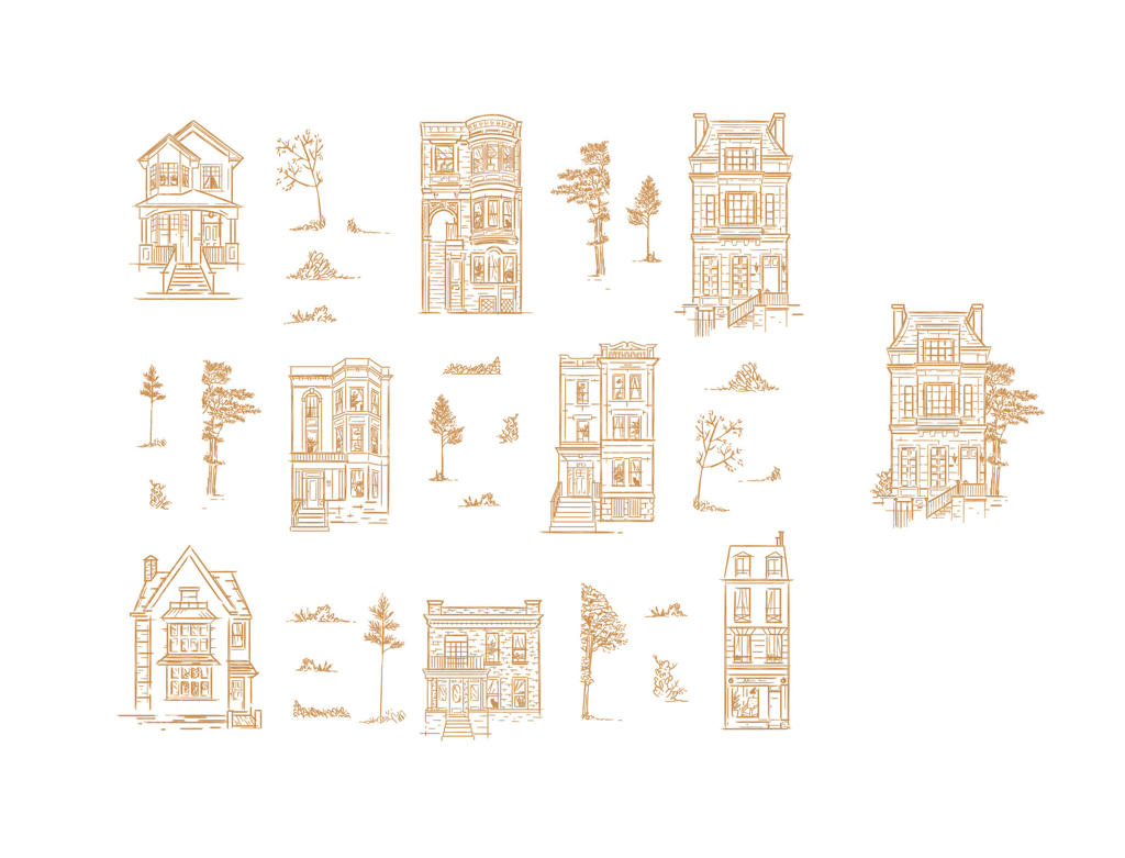 مجموعه‌ای از نقاشی خانه‌ها و درختان باغ به سبک قدیمی و وینتیج. ترکیب خاص خود را بسازید.