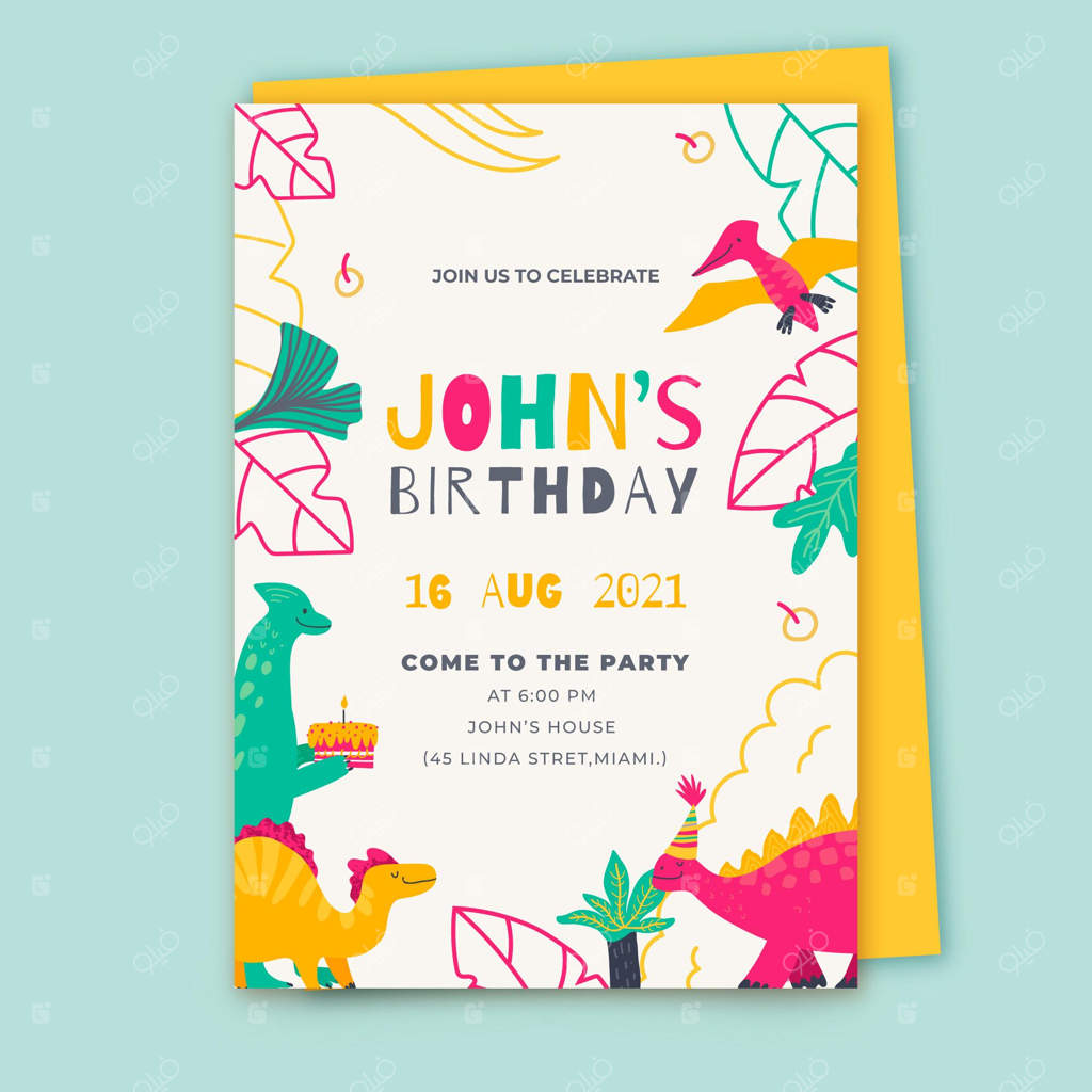 قالب دعوت‌نامه تولد دایناسور با طراحی دستی