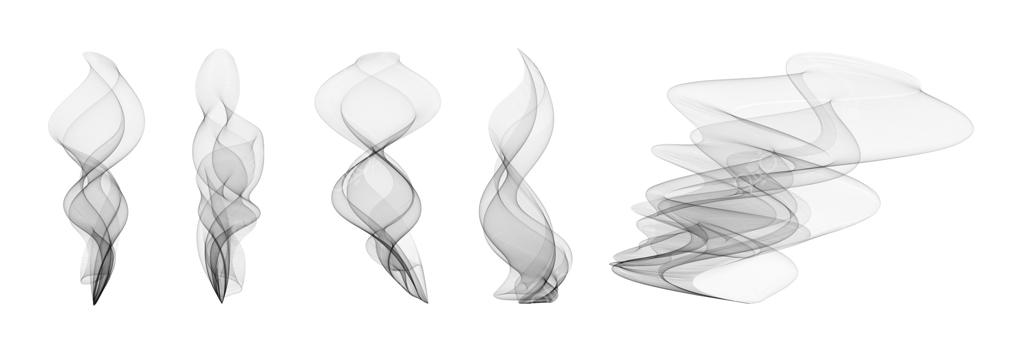 مجموعه بخار و دود شفاف روی زمینه سفید: ردی‌های واقعی بخار داغ از قهوه، چای یا آتش. مه و بخار انتزاعی با خطوط نرم. آیکن‌های جداگانه برای جلوه غذایی، مایع یا جادویی.