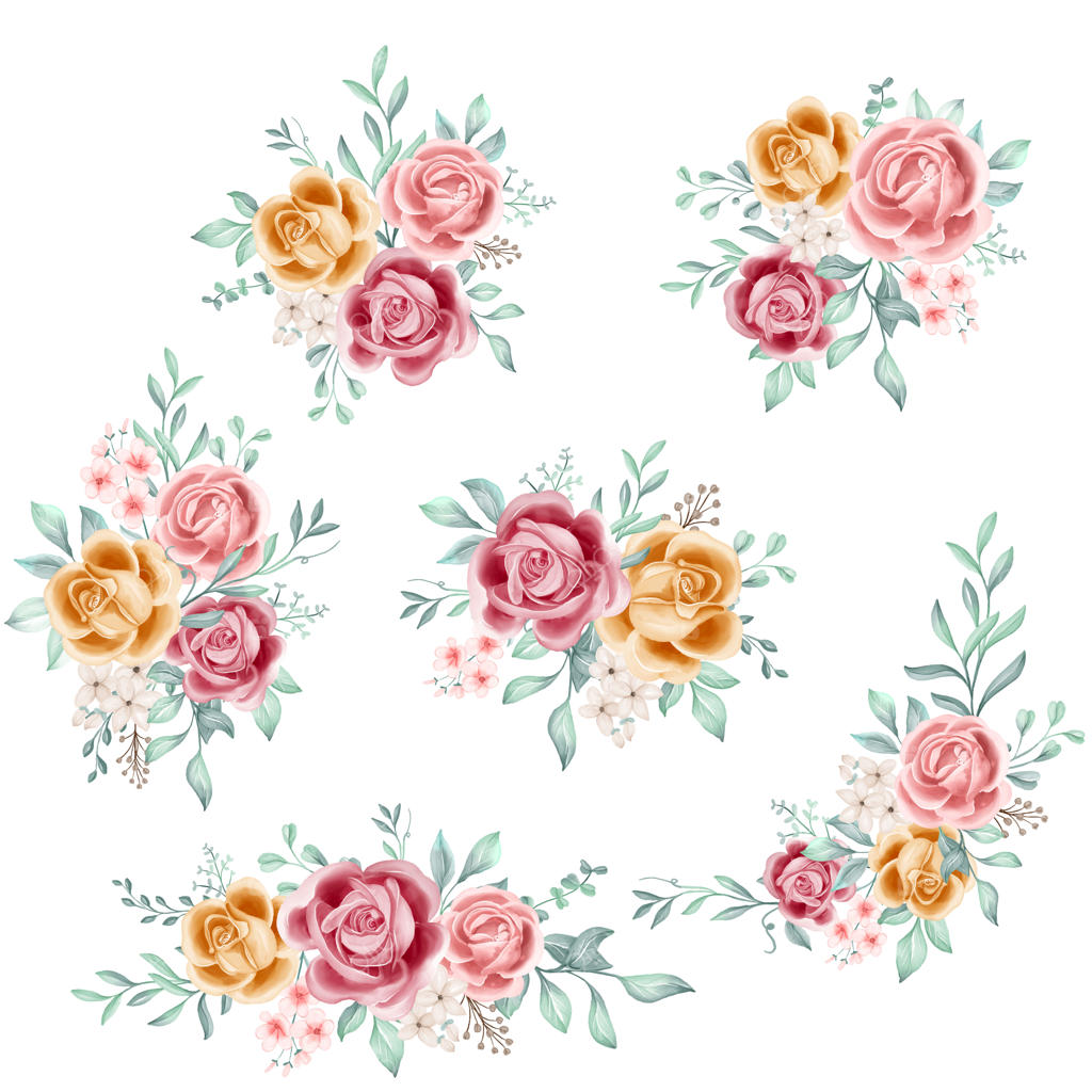 مجموعه‌ گل‌های آبرنگی صورتی و زرد