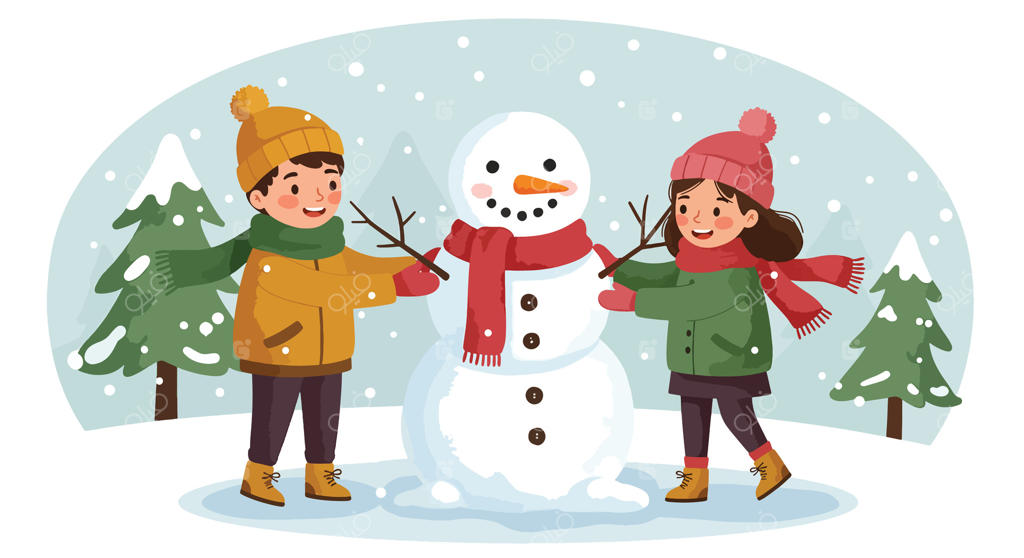 دو کودک شاد در حال ساختن آدم‌برفی در منظره برفی زمستانی