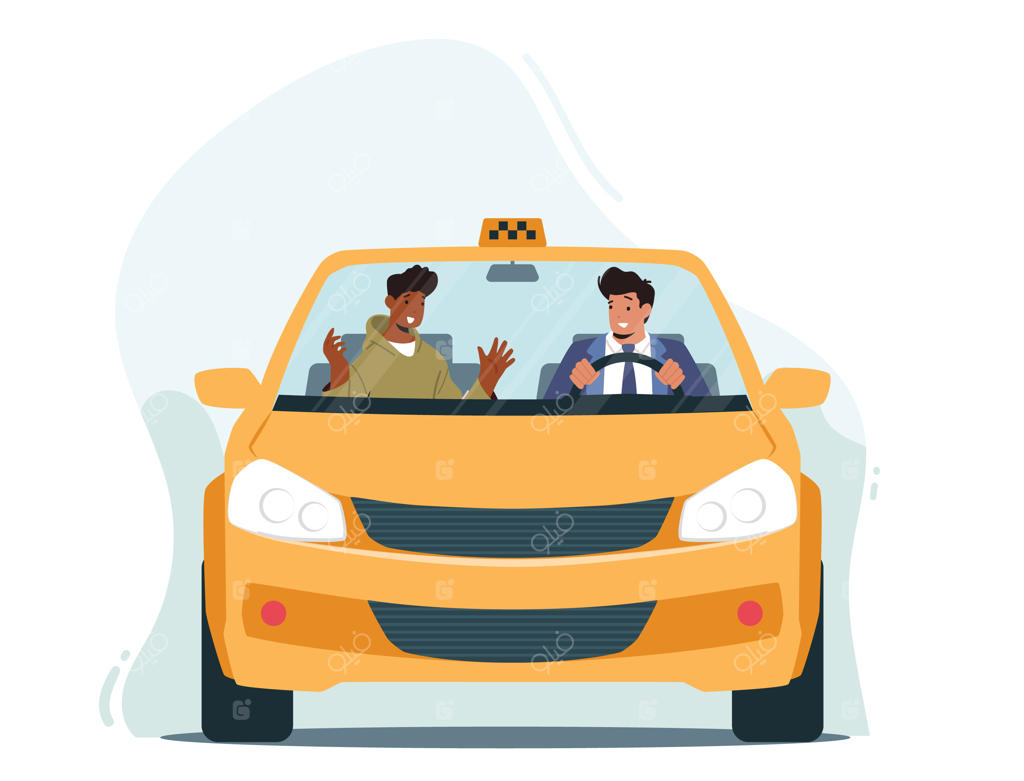 راننده تاکسی و مسافر در داخل خودرو از نمای روبرو؛ گفتگوی مرد راننده با مسافر