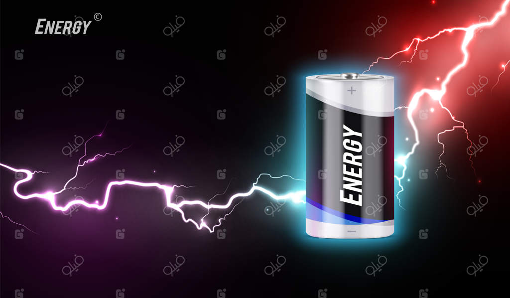 ترکیب واقع‌گرایانه انرژی با باتری الکتریکی در پس‌زمینه‌ای از رعد و برق