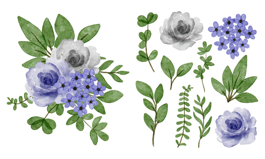 دسته گل زیبا و برگ‌ها برای تزیین به سبک آبرنگی