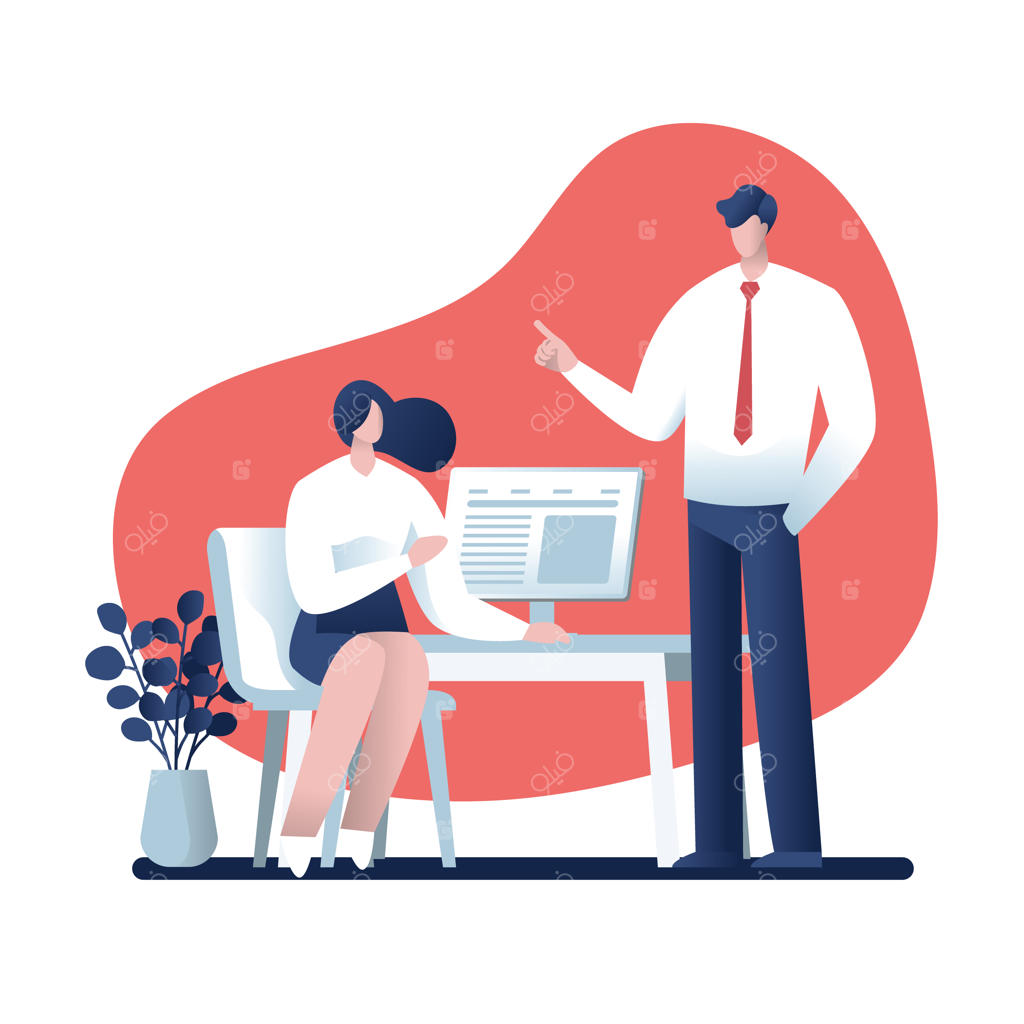 گفتگوی یک تاجر و تاجر زن درباره کار در دفتر، طراحی شخصیت، کسب و کار آنلاین