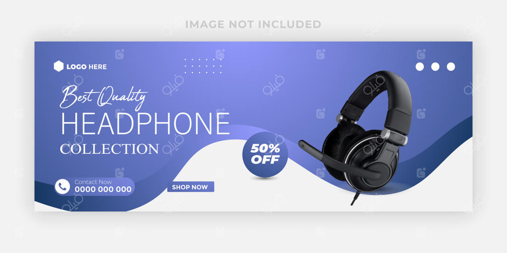 قالب خلاقانه کاور فیسبوک و پست مدرن شامل تی‌شرت، هدفون، ماگ، سطل، فلش مموری و ژاکت