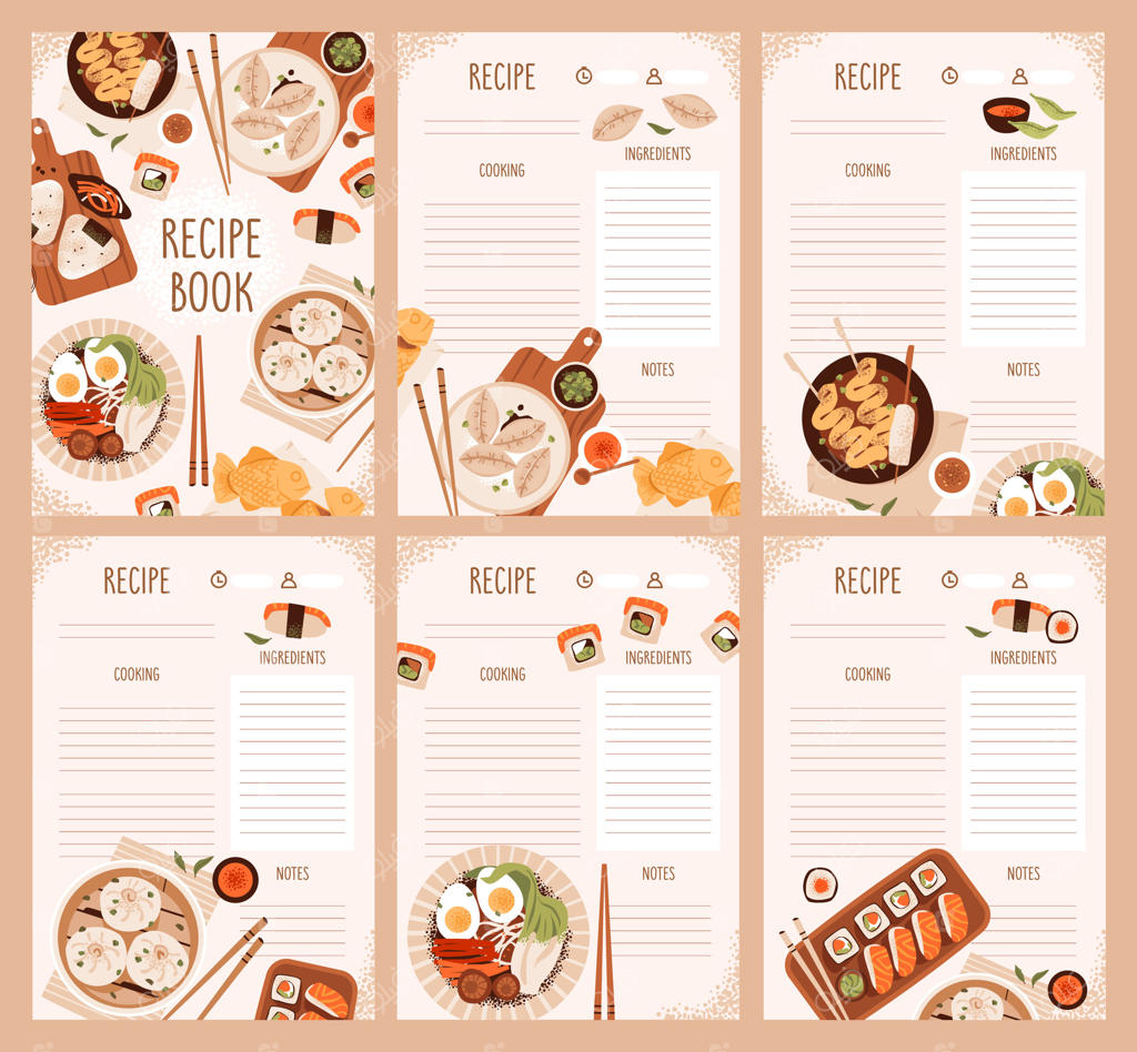 برنامه‌ریز غذایی آسیایی یا کتاب دستور پخت. طراحی رنگارنگ با غذاهای سنتی مانند رامن، سوشی، اونیگیری و دیم سام، همراه با بخش‌های زمان‌بندی وعده‌ها و مواد اولیه آشپزی. برگه‌های دستور پخت.