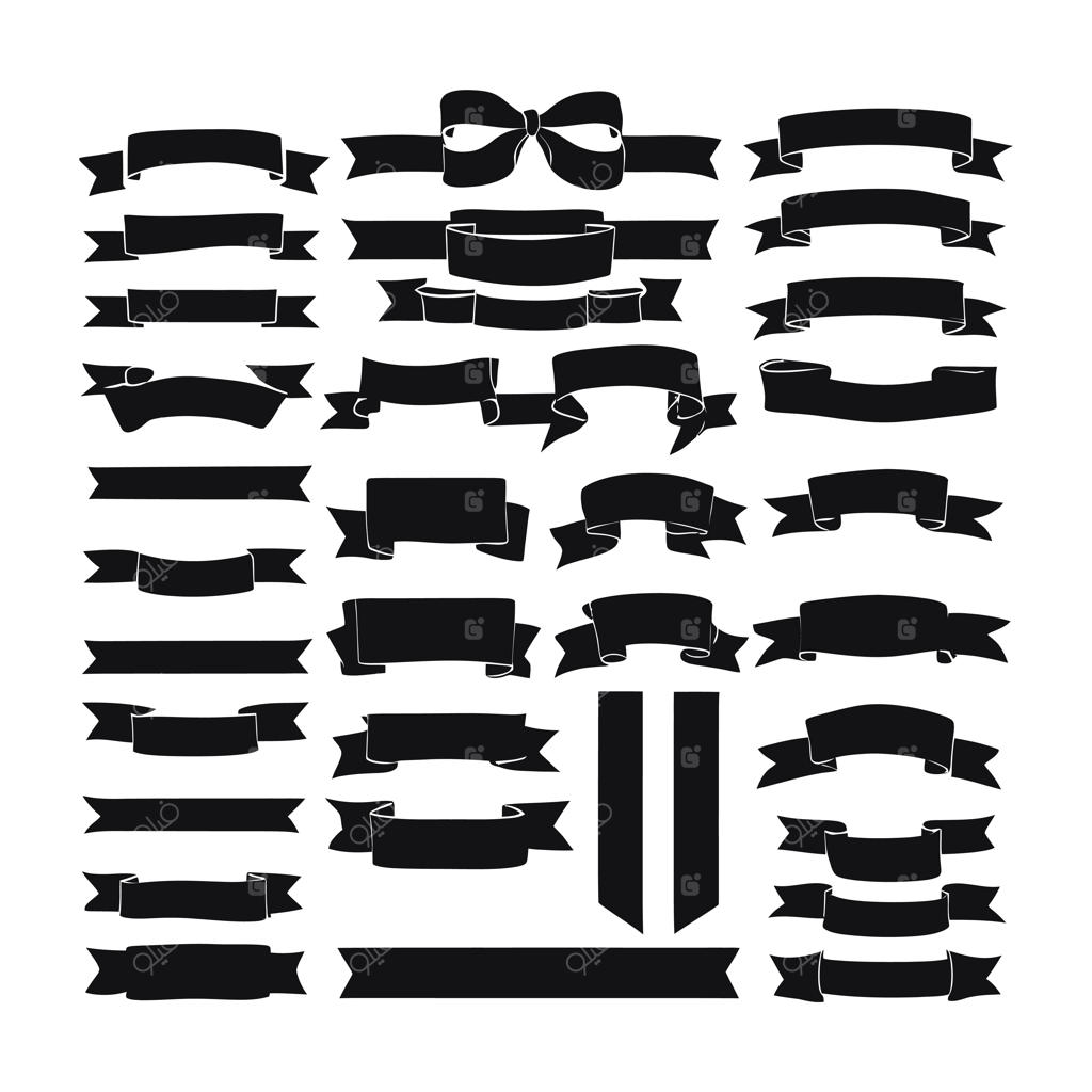 مجموعه وکتور سیلوئت و اشکال سیاه روبان و بنر