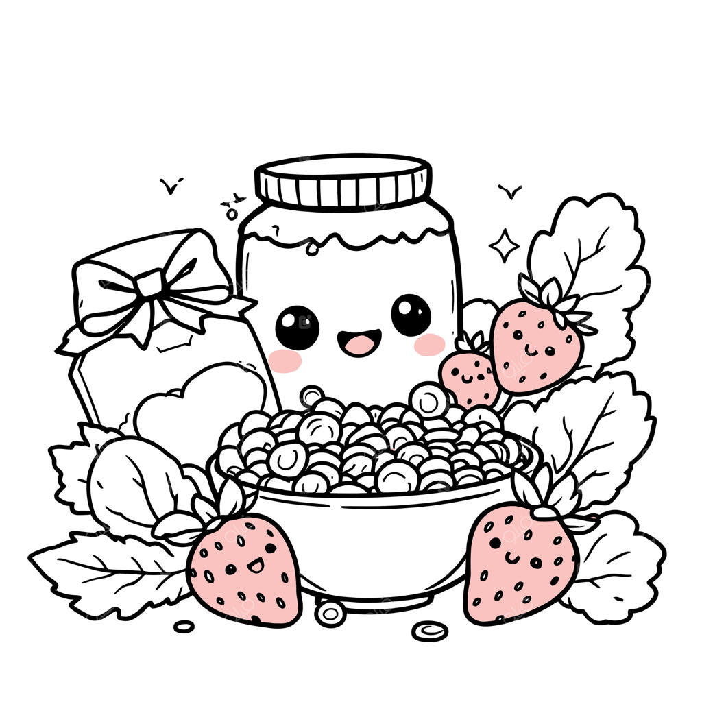 تصویر رنگ‌آمیزی خطی ظرف صبحانه کیوت کاوایی با توت‌فرنگی و مربا