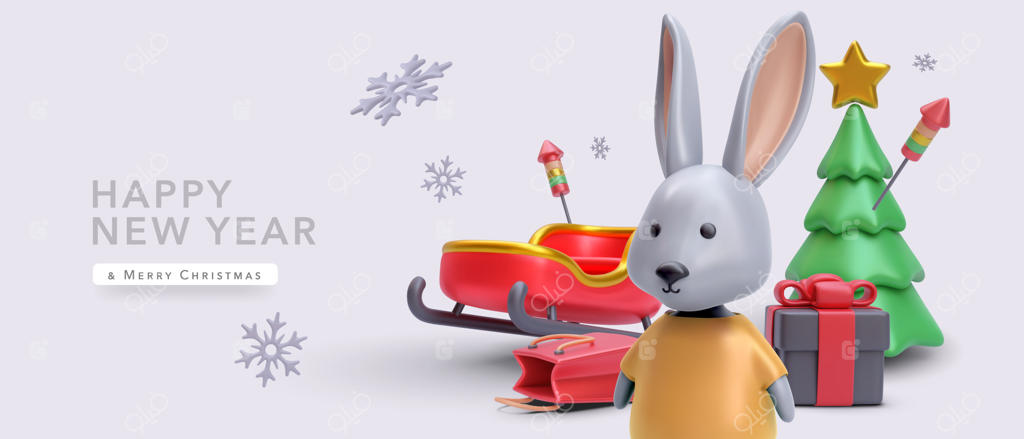 پس‌زمینه کریسمس و سال نو با تصویرسازی واقعی: خرگوش، درخت کریسمس، کیسه هدیه، سورتمه سال نو، آتش‌بازی و دانه‌های برف