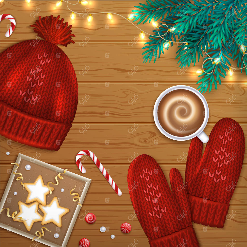 پس‌زمینه تبریک کریسمس مبارک و سال نو، شاخه‌های کاج، کلاه قرمز، دستکش، قهوه و شیرینی‌ها