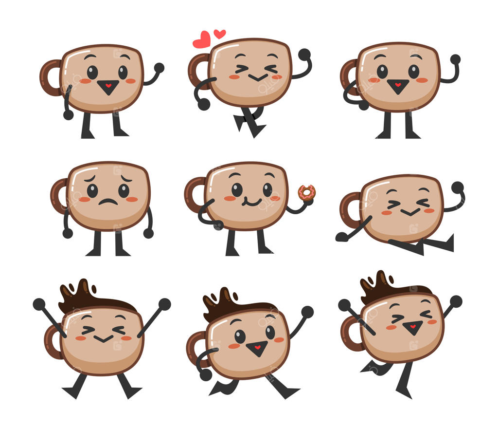 مجموعه‌ای از شخصیت‌های بامزه فنجان قهوه: ست کارتون‌های لیوان قهوه با حالت‌ها و احساسات مختلف.