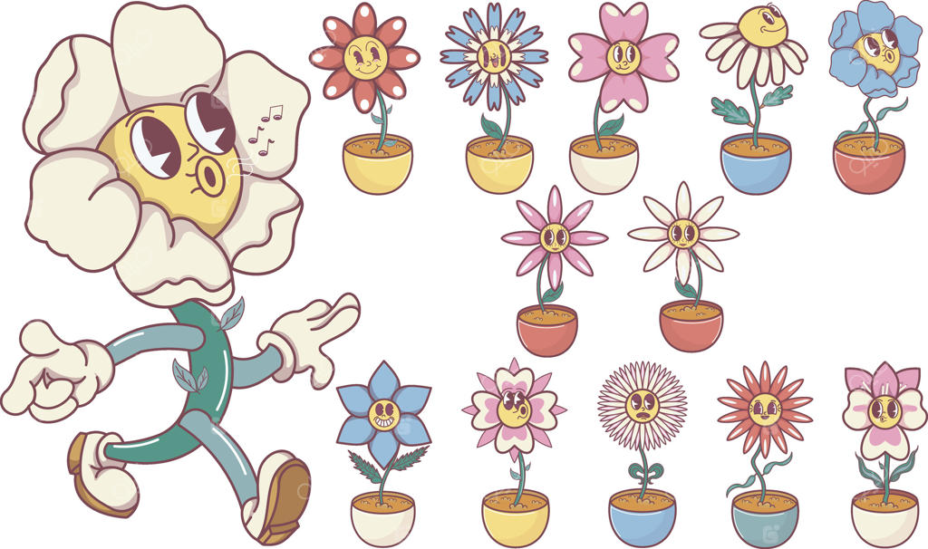 گل‌های کارتونی جذاب با شخصیت انرژی بخش وکتور حرفه‌ای