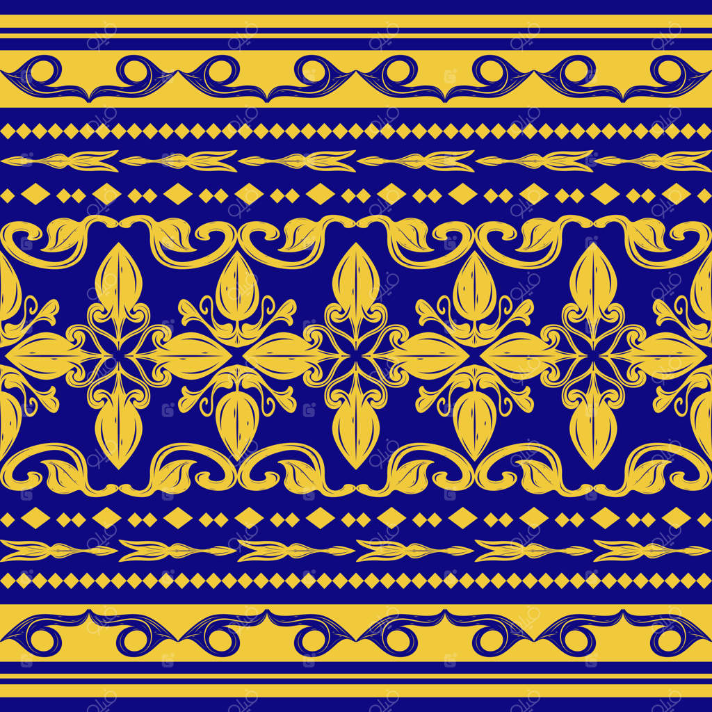 طرح باغ لوکس با نقش‌مایه گل‌های سنتی و تزیینات ابریشمی طلایی بر زمینه آبی سلطنتی برای پارچه‌های پوشاک مردانه، تایل‌ها، کف‌پوش و طراحی دکوراسیون بافت‌های ظریف و شکیل