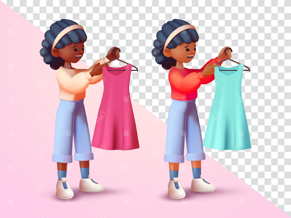 زنی که لباس‌ها را روی چوب لباسی نگه داشته است: طراحی سه‌بعدی مناسب برای تبلیغات و عناصر طراحی