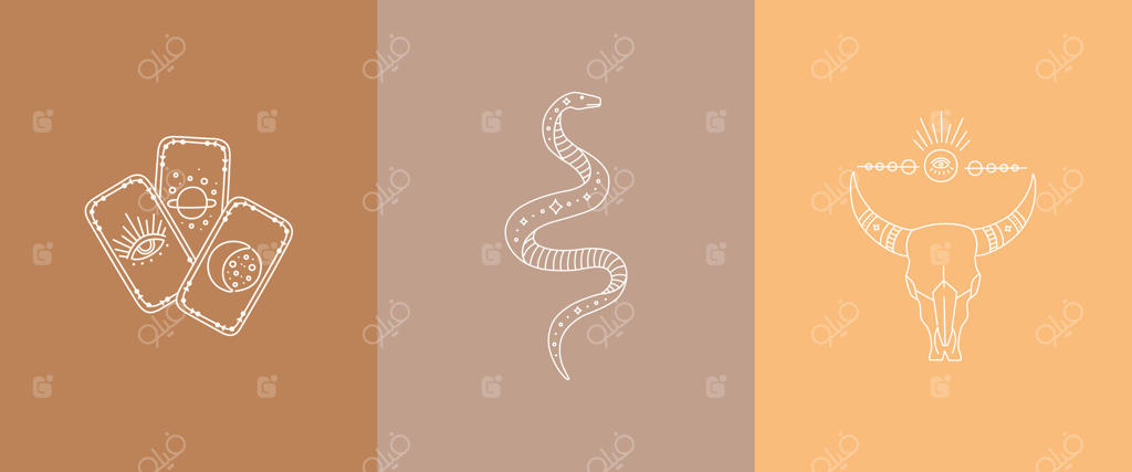 کارت‌های تاروت بوهو، جمجمه گاو و مار نجومی، مجموعه هنر خطی بوهمی.