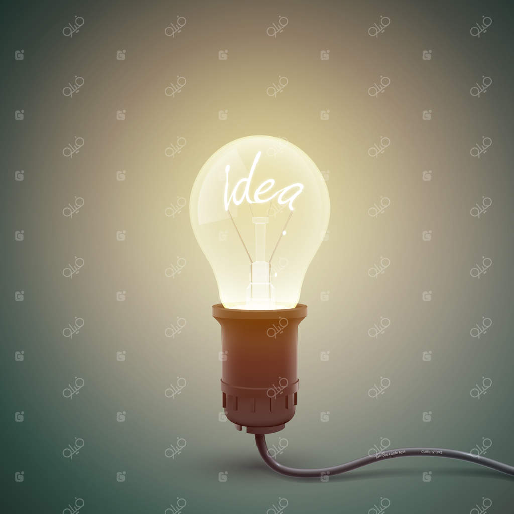 مربع خلاق با تصویر مفهومی لامپ روشن با کلمه نورانی "ایده" درونش