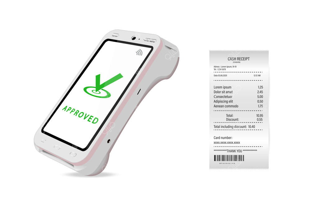 دستگاه پایانه پرداخت سه‌بعدی سفید و واقع‌گرایانه: نمای نزدیک از کارت‌خوان با رسید روی پس‌زمینه سفید. طرح و قالب طراحی برای دستگاه پرداخت NFC. نمای بالا