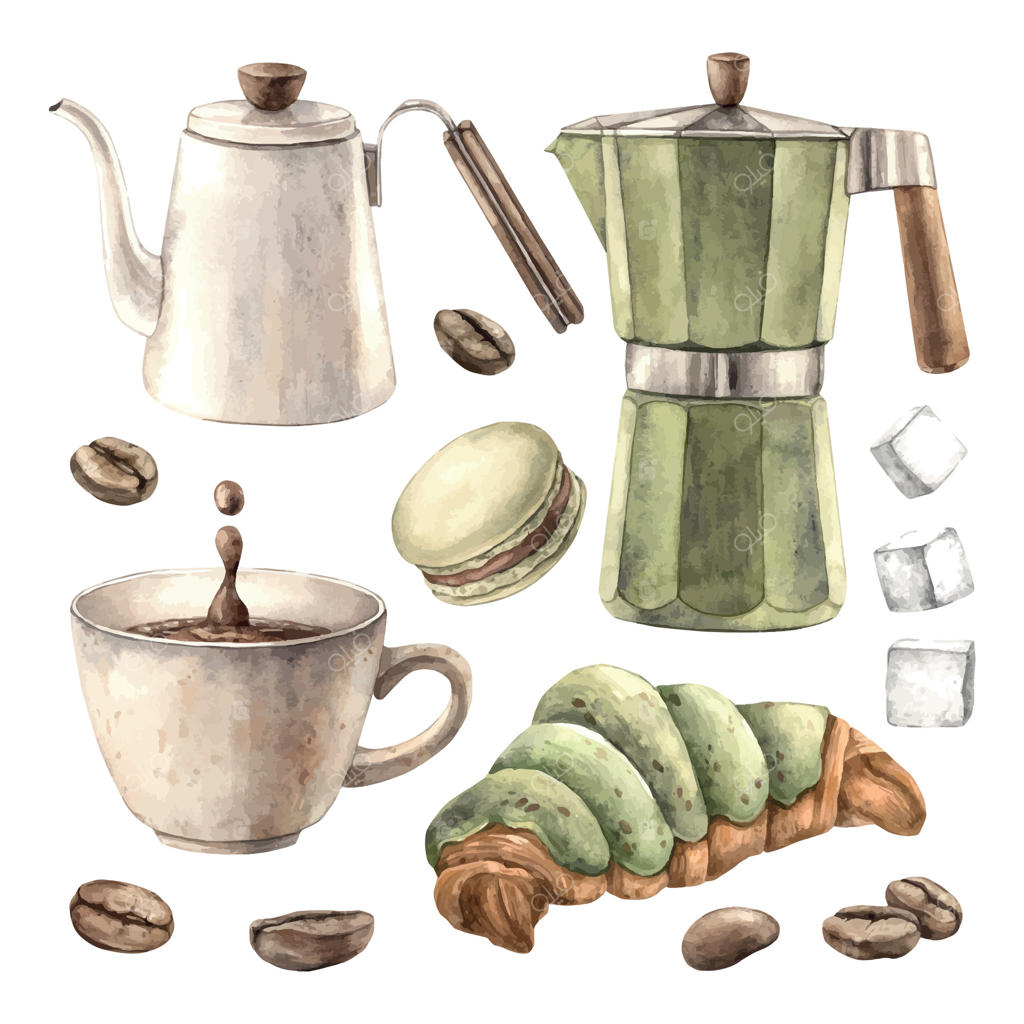 یک فنجان قهوه معطر، قهوه‌جوش گیزر، یک قوری چای، ماکارون، کروسان، حبه‌های قند و دانه‌های قهوه. مجموعه‌ای آبرنگی برای تزئین کافی‌شاپ‌ها، بistrosها، منوها، پوسترها و بسته‌بندی.