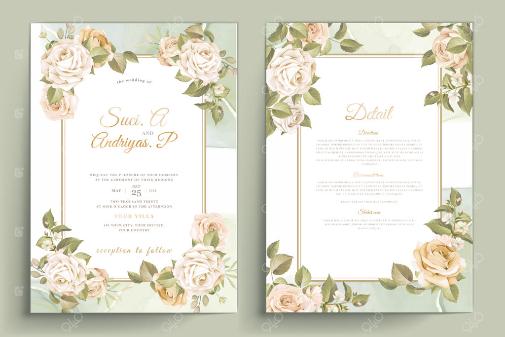 مجموعه کارت دعوت عروسی با طراحی دستی گل‌های رز زیبا