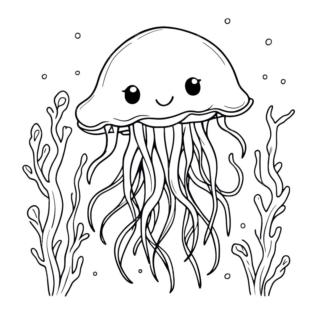 صحنه‌ی عروس دریایی زیبا زیر آب به صورت سیاه و سفید برای صفحه رنگ‌آمیزی طرح خطی