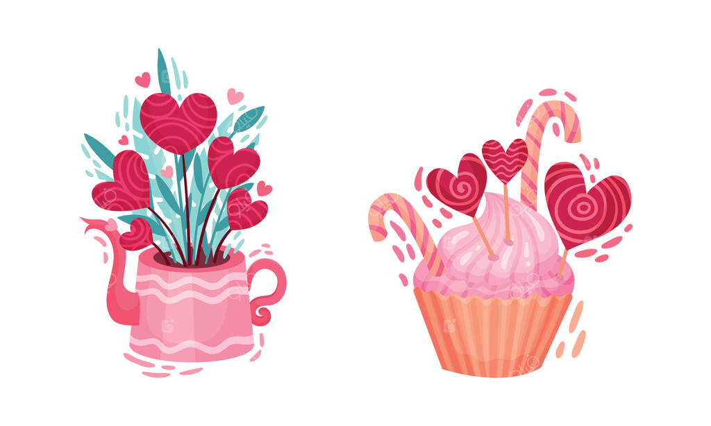 گلدان با قلب و کاپ‌کیک با آب‌نبات به عنوان نمادهای روز ولنتاین