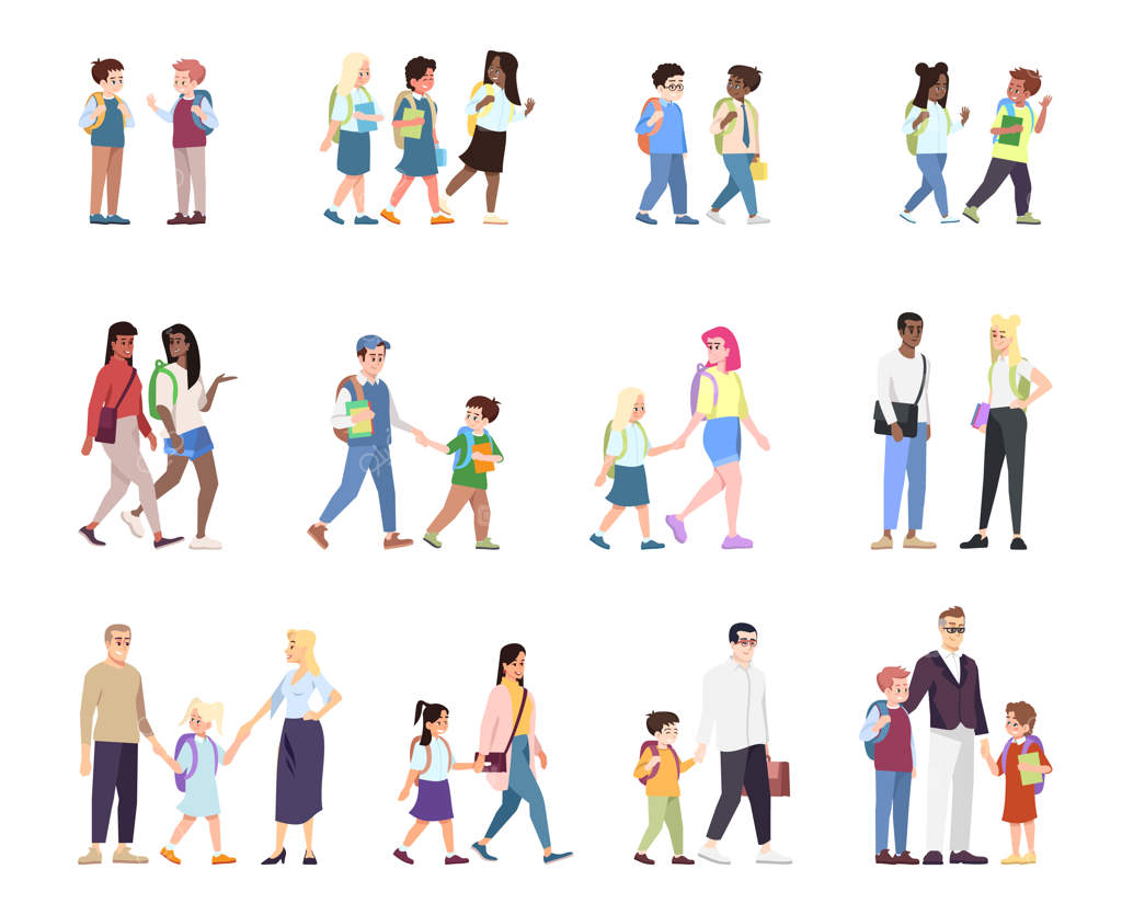 مجموعه تصاویر وکتور کودکان مدرسه‌ای شامل طرح‌های مسطح دوستان و همکلاسی‌های چندملیتی و چندفرهنگی شخصیت‌های کارتونی جدا شده بر روی زمینه سفید والدین همراه با پسرها و دخترهای محصل دوستان مدرسه‌ای و همکلاسی‌ها