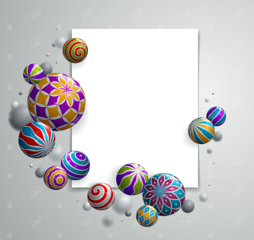 تصویرسازی وکتور کره‌های براق و واقعی همراه با ورق کاغذ خالی، پس‌زمینه انتزاعی با توپ‌های زیبا با الگوها و افکت عمق میدان، هنر طراحی کره‌های سه‌بعدی.