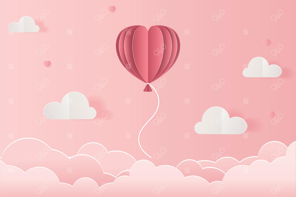 بالون هوای گرم قلبی صورتی و ابرها بر روی زمینه‌ای صورتی. کارت روز ولنتاین. طراحی پس‌زمینه
