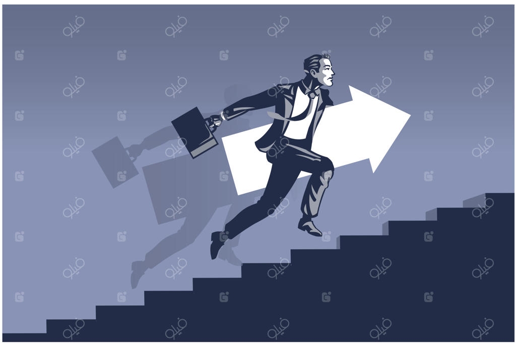 تاجر در حال دویدن سریع روی پله‌ها با یک پیکان بزرگ. مفهوم تصویرسازی تجاری حرکت رو به جلو برای پیشرفت