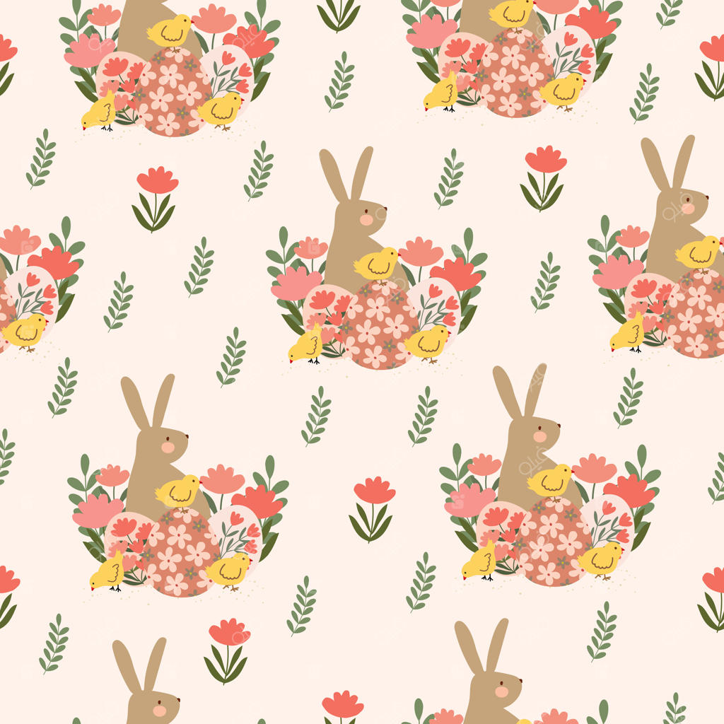 طرح برداری دست‌کشیده از خرگوش و جوجه‌ کوچولوی عید پاک در باغ گل‌های وحشی برای کاغذ دیواری و کاغذ کادو