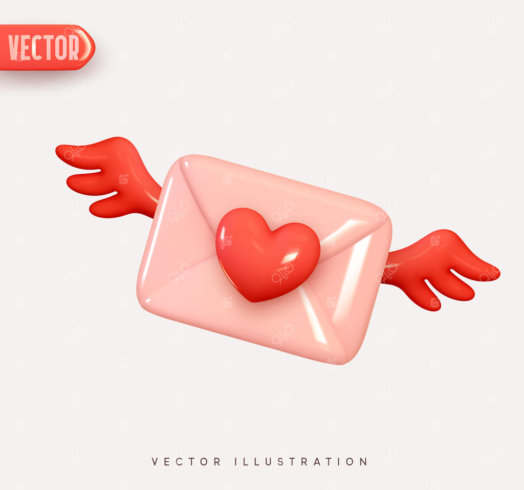 آیکون سه‌بعدی پاکت نامه با بال‌ها، نامه با قلب قرمز. عناصر واقعی برای طراحی رمانتیک. شیء مجزا روی پس‌زمینه صورتی