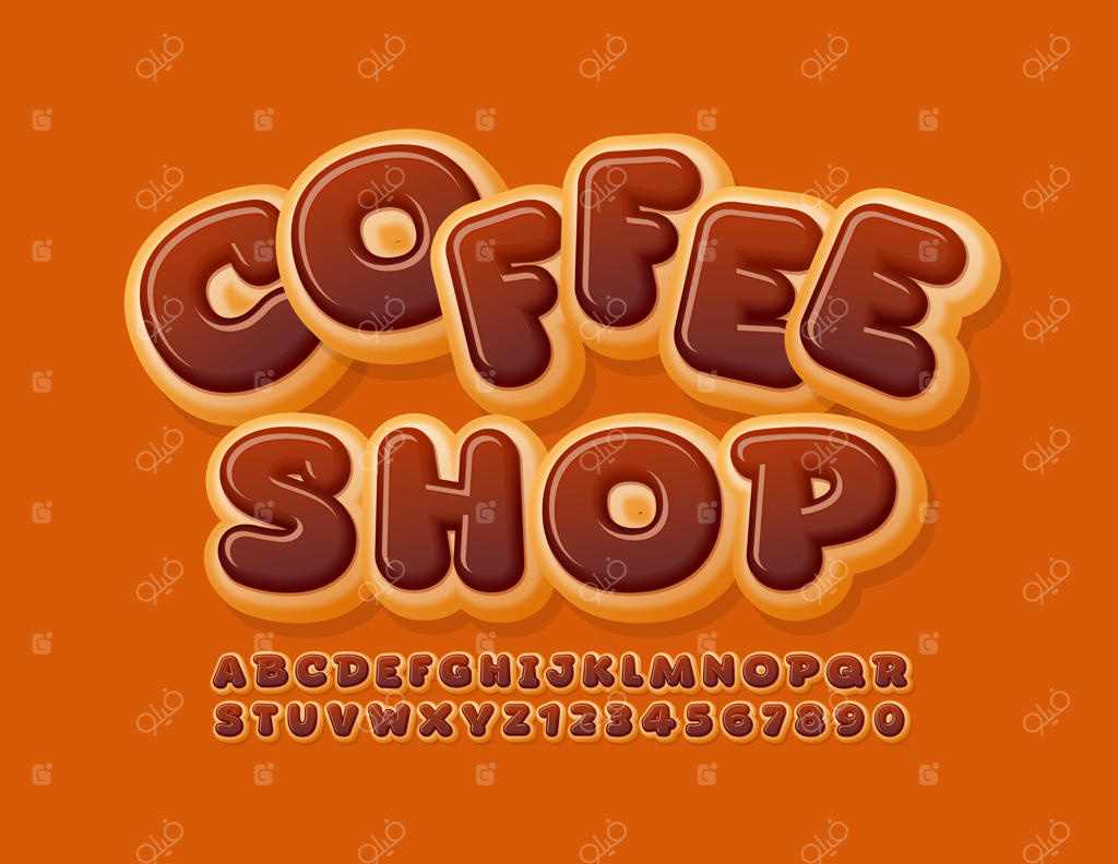 لوگوی شاد قهوه‌فروشی با فونت شکلاتی. حروف و اعداد دوناتی